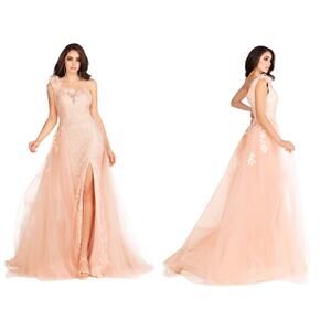 Abby Paris 90109 Peach Blush One Shoulder Feather Floral Lace Overskirt Dress,14